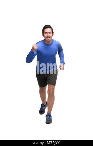 Portrait of asian man running jogging posing isolated over white background Stock Photo