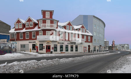 Reykjavik Fish Restaurant at Geirsgata in winter near the Old Harbour in Reykjavik, Iceland Stock Photo
