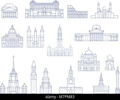 European architecture - buildings, cathedrals and monuments in line style Stock Vector