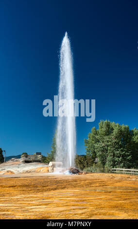 The Geyser, erupting every hour on the hour in Soda Springs, Oregon Trail Bear Lake Scenic Byway, Idaho, USA Stock Photo