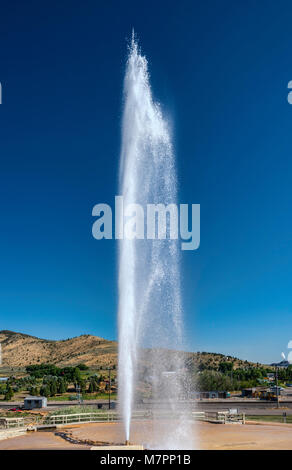 The Geyser, erupting every hour on the hour in Soda Springs, Oregon Trail Bear Lake Scenic Byway, Idaho, USA Stock Photo