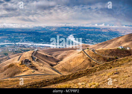 View from Spiral Highway on Lewiston Hill of Lewiston, Idaho and Clarkston, Washington, at confluence of Clearwater and Snake Rivers Stock Photo