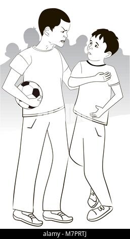 Illustration of the conflict of two boys in a football lesson. Black and white illustration Stock Vector