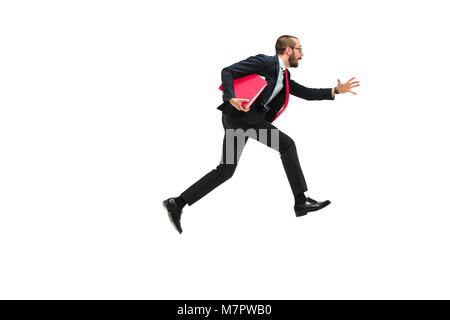 Businessman running with a folder on white background Stock Photo