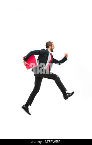 Businessman running with a folder on white background Stock Photo