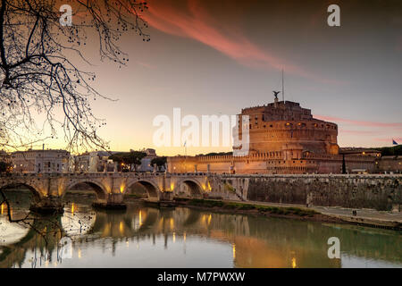 Sunset at Saint Angelo Castle in Rome, Italy Stock Photo