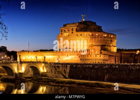 Rome Sant' Angelo Castle and Saint Angelo Bridge by night