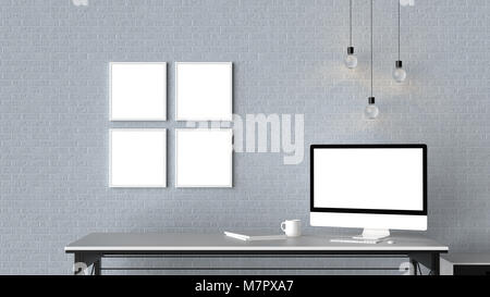 Modern workspace with isolated empty frames on brick wall and isolated computer screen. 3D illustrating Stock Photo