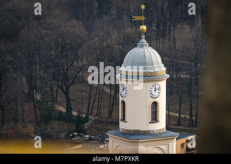 High clock tower of the Saint Jadwiga Catholic church in Bolkow town in Lower Silesia, Poland, as seen from the walls of the Bolkow castle Stock Photo