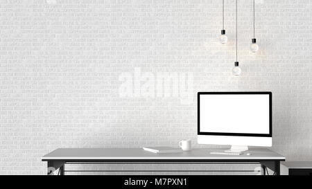 Modern workspace, isolated computer screen and empty brick wall. 3D illustrating Stock Photo