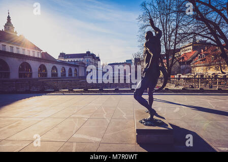 Statue of Prometheus on Butchers' bridge over river Ljubljanica, Ljubljana. A sculpture of Prometheus by famous Slovenian sculptor Jakov Brdar on brid Stock Photo