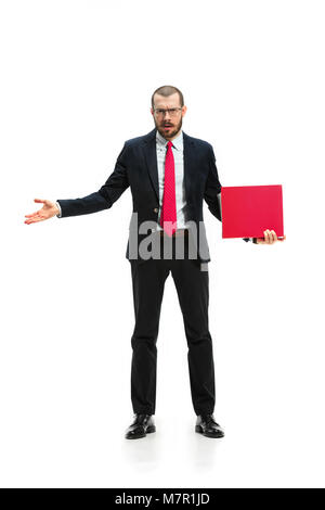 Full body portrait of businessman with folder on white