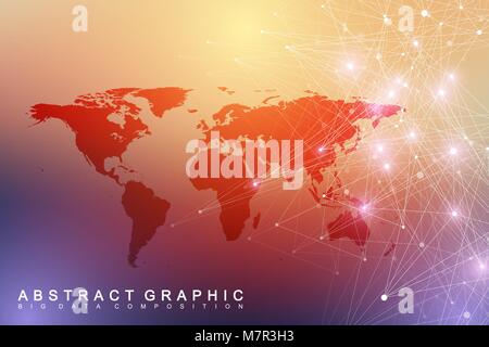 Big data visualization with a world map. Abstract vector background with dynamic waves. Global network connection. Technological sense abstract illustration. Stock Vector