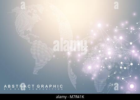 Big data visualization with a world globe. Abstract vector background with dynamic waves. Global network connection. Technological sense abstract illustration. Stock Vector