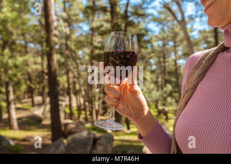Woman holding a glass of wine during a picnic in the forest Stock Photo