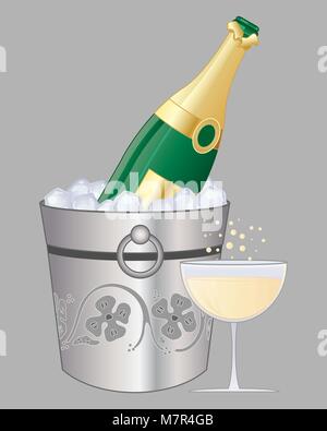 a vector illustration in eps 10 format of a bottle of champagne on ice with a full glass beside a decorated bucket on a gray background Stock Vector