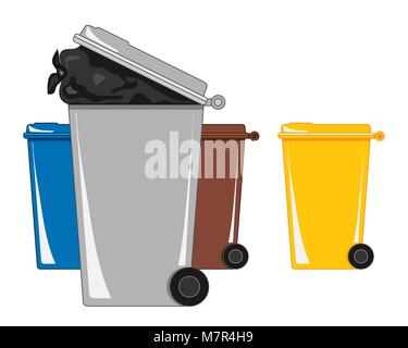 a vector illustration in eps format of refuse and recycling bins with black bin bag on a white background Stock Vector