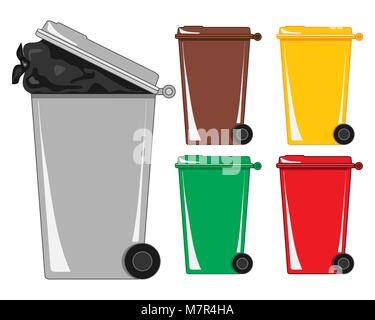 a vector illustration in eps format of a gray refuse bin with a bag of rubbish showing and various recycling bins on a white background Stock Vector