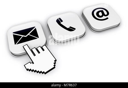 Website contact us concept with abstract hand cursor clicking on email button icon 3D illustration on white background. Stock Photo