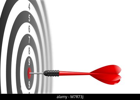 Vector red dart arrow hitting in the target center of dartboard. Metaphor to target success, winner concept. Isolated on white background Stock Vector