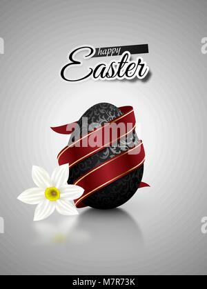Black mat realistic egg with metallic floral pattern diagonal wrapped red ribbon. Gray background with reflection and white narcissus flower Stock Vector