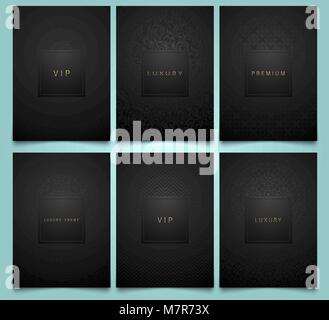 Vector set black packaging templates with brilliant linear geometric and floral damask pattern texture for luxury product. Trendy design for logo Stock Vector