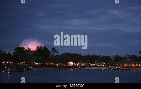 Orlando, USA - March 22, 2009. The Spaceship Earth globe lights up the skyline at Epcot's World Showcase, Disney World Stock Photo