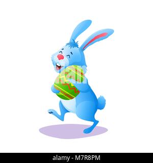 Blue cartoon Easter rabbit running with paschal egg isolated on white background. Flat happy easter Bunny Cute holiday character decoration for your design project. Colorful vector animal illustration Stock Vector