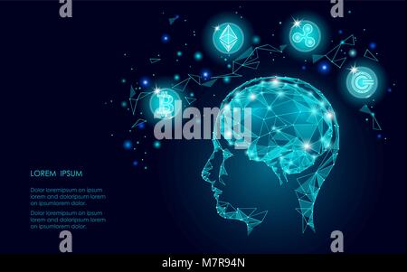 Ethereum Bitcoin Ripple coin digital cryptocurrency human brain artifitial intellegence. Big data information mining technology. Blue abstract web internet electronic payment vector illustration Stock Vector