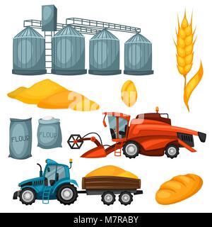 Agricultural set of harvesting items. Combine harvester, tractor and granary Stock Vector