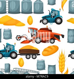 Agricultural seamless pattern with harvesting items. Combine harvester, tractor and granary Stock Vector