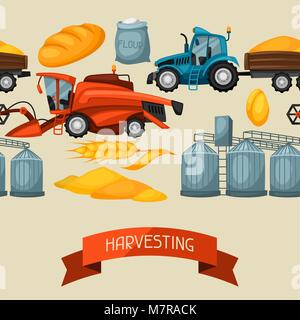 Agricultural seamless pattern with harvesting items. Combine harvester, tractor and granary Stock Vector