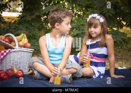 Happy cute little girl and a boy are sitting on a blanket in the park and playing in a beautiful sunny summer day.  They look into each other's eyes.  Stock Photo