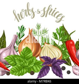 Seamless border with various herbs and spices Stock Vector