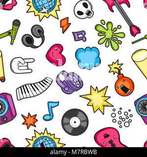 Music party kawaii seamless pattern. Musical instruments, symbols and objects in cartoon style Stock Vector