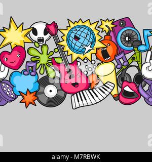 Music party kawaii seamless pattern. Musical instruments, symbols and objects in cartoon style Stock Vector