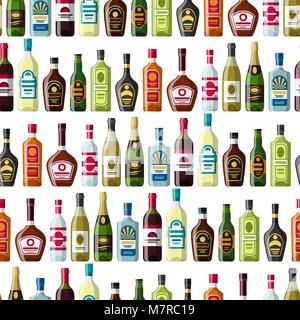 Alcohol drinks seamless pattern. Bottles for restaurants and bars Stock Vector