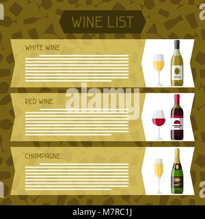Alcohol drinks menu or wine list. Bottles, glasses for restaurants and bars Stock Vector