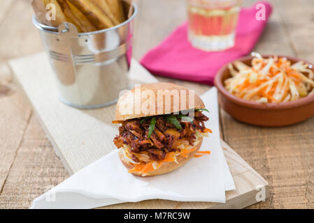 A vegan 'pulled pork' style slider made with jackfruit, plus a side of chips and coleslaw. Stock Photo