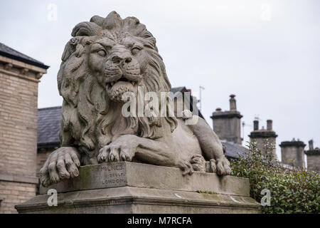 Stone carving of a Lion outside Victoria Hall, Saltaire model village, Bradford, West Yorkshire, England Stock Photo