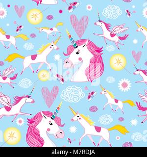 Seamless funny pattern from unicorns on a light blue background Stock Vector