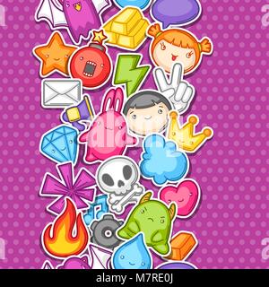 Game kawaii seamless pattern. Cute gaming design elements, objects and symbols Stock Vector