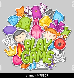 Game kawaii design. Cute gaming elements, objects and symbols Stock Vector