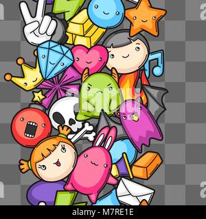 Game kawaii seamless pattern. Cute gaming design elements, objects and symbols Stock Vector