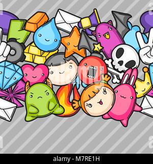 Game kawaii seamless pattern. Cute gaming design elements, objects and symbols Stock Vector