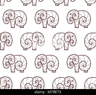 Vector seamless pattern of brown line art elephant on white background. Line art design elephant Stock Vector