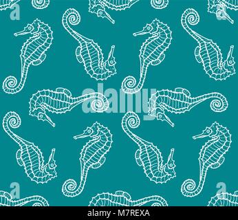 vector seamless pattern of seahorse contour. Hippocampus background Stock Vector