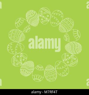Vector round frame from white hand drawn  Easter eggs on green background. Easter invitation card Stock Vector