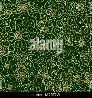 Vector decorative golden floral mandala seamless pattern on dark green background Stock Vector