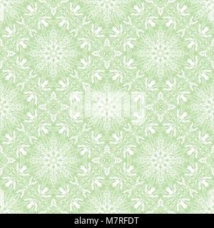 Seamless pattern of round white mandala on green background Stock Vector